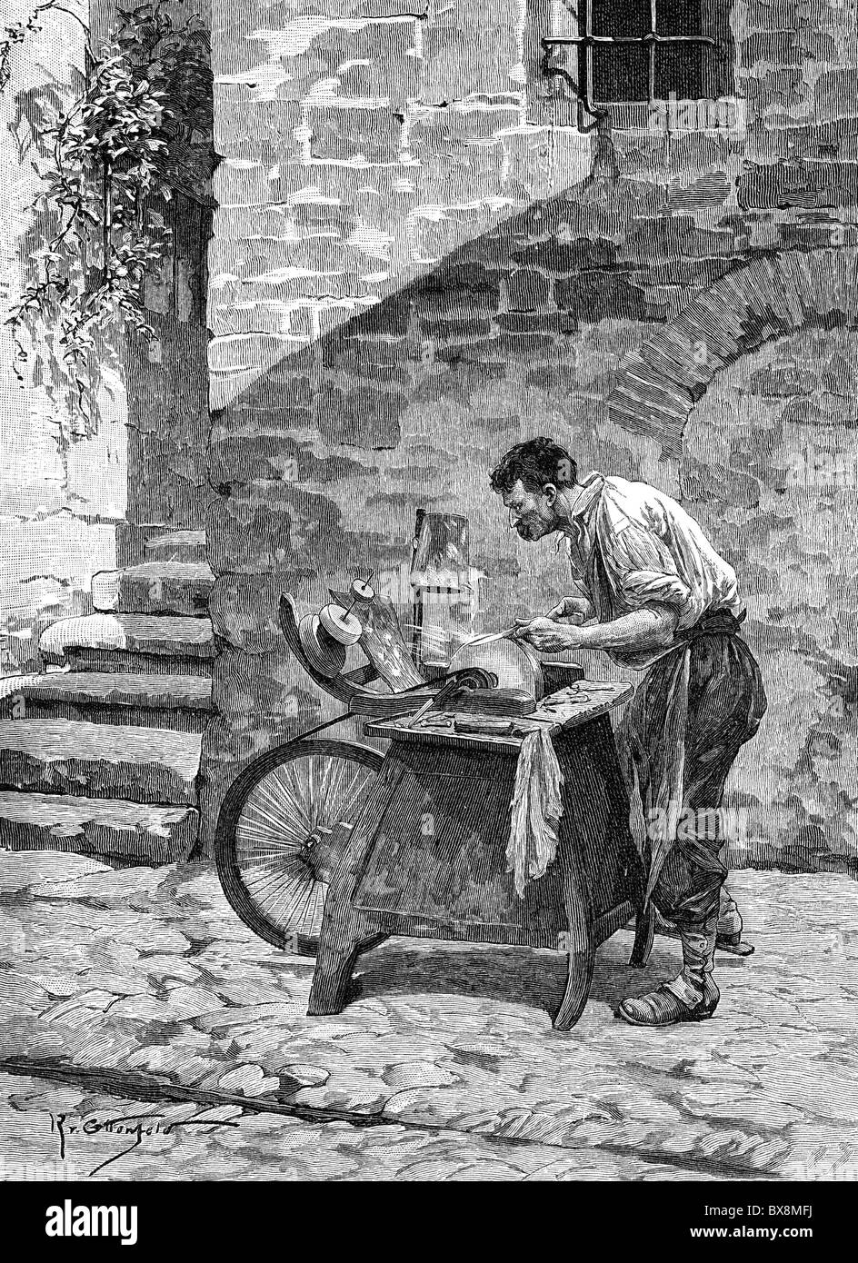 people, professions, scissor grinder, Val Redena, Trentino, Italy, wood engraving, late 19th century, handcraft, craftsman, Moleta, grinding stone, scissors, Austria-Hungary, Austria, Austro-Hungarian empire, Austro - Hungarian, Cisleithania, historic, historical, Additional-Rights-Clearences-Not Available Stock Photo