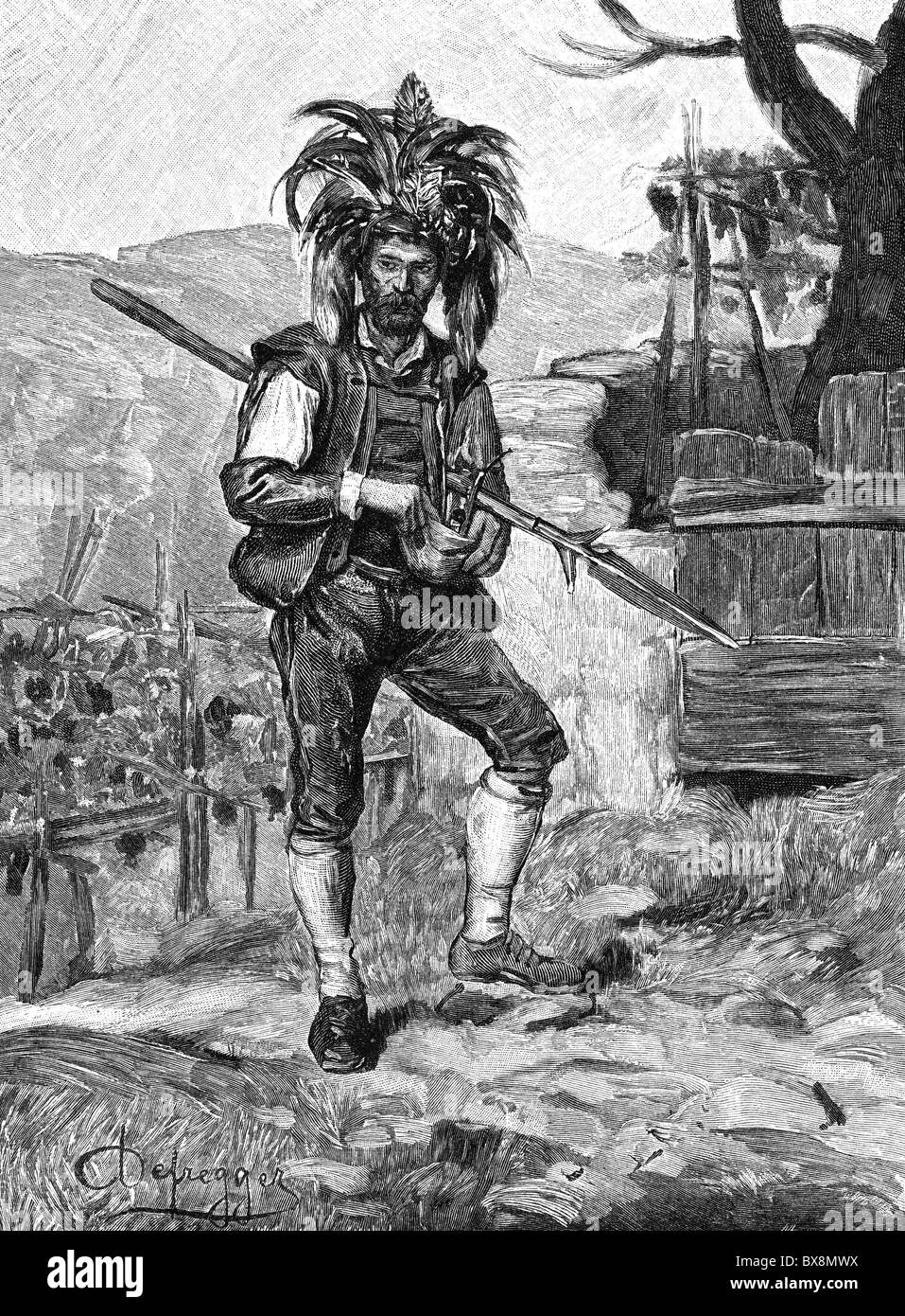 people, professions, saltner (keeper of the vineyard), near Meran, South Tyrol, wood engraving after drawing by Defregger, 19th century, costume, guard, weapon, partisan, Italy, Austria-Hungary, Austria, Cisleithania, Austro-Hungarian Empire, Austro - Hungarian, historic, historical, Alps, Additional-Rights-Clearences-Not Available Stock Photo