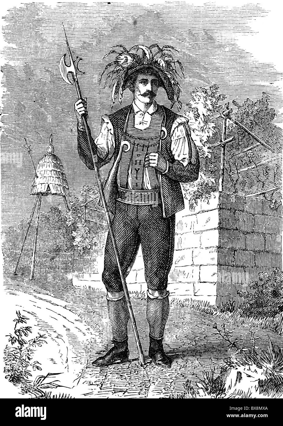 people, professions, saltner (keeper of the vineyard), near Meran, South Tyrol, wood engraving, 19th century, costume, guard, weapon, partisan, Italy, Austria-Hungary, Austria, Cisleithania, Austro-Hungarian Empire, Austro - Hungarian, historic, historical, Alps, Additional-Rights-Clearences-Not Available Stock Photo