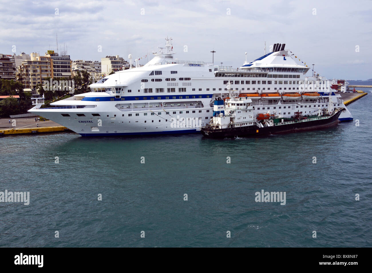 Louis Cruise Lines cruise ship Cristal being fuelled in Piraeus harbour Greece Stock Photo