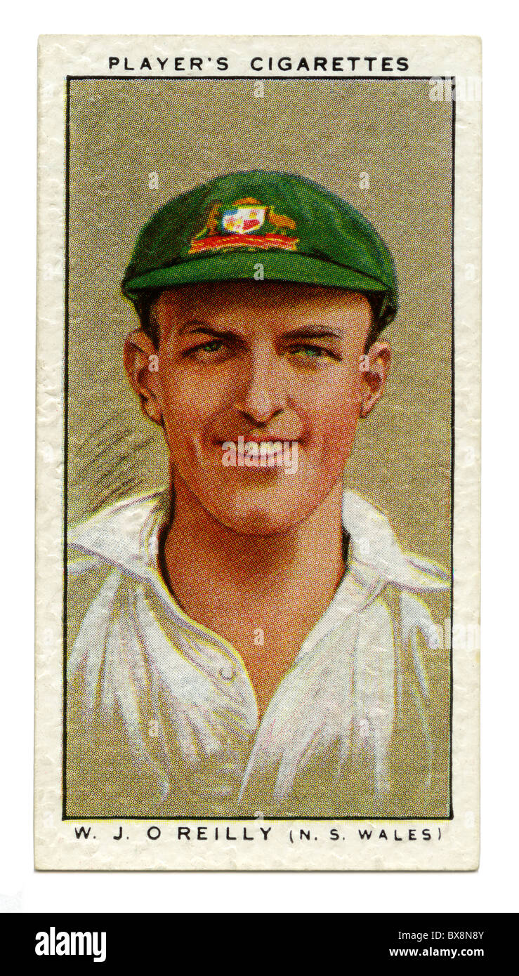 1934 cigarette card with portrait of cricket player of Bill (William Joseph) O'Reilly of NSW and Australia Stock Photo