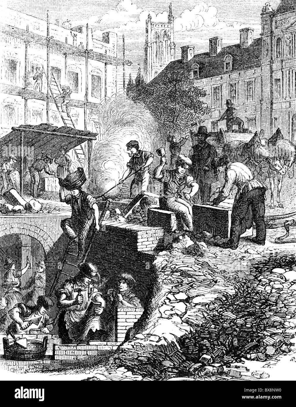 architecture, construction work, stonemasons and bricklayers working