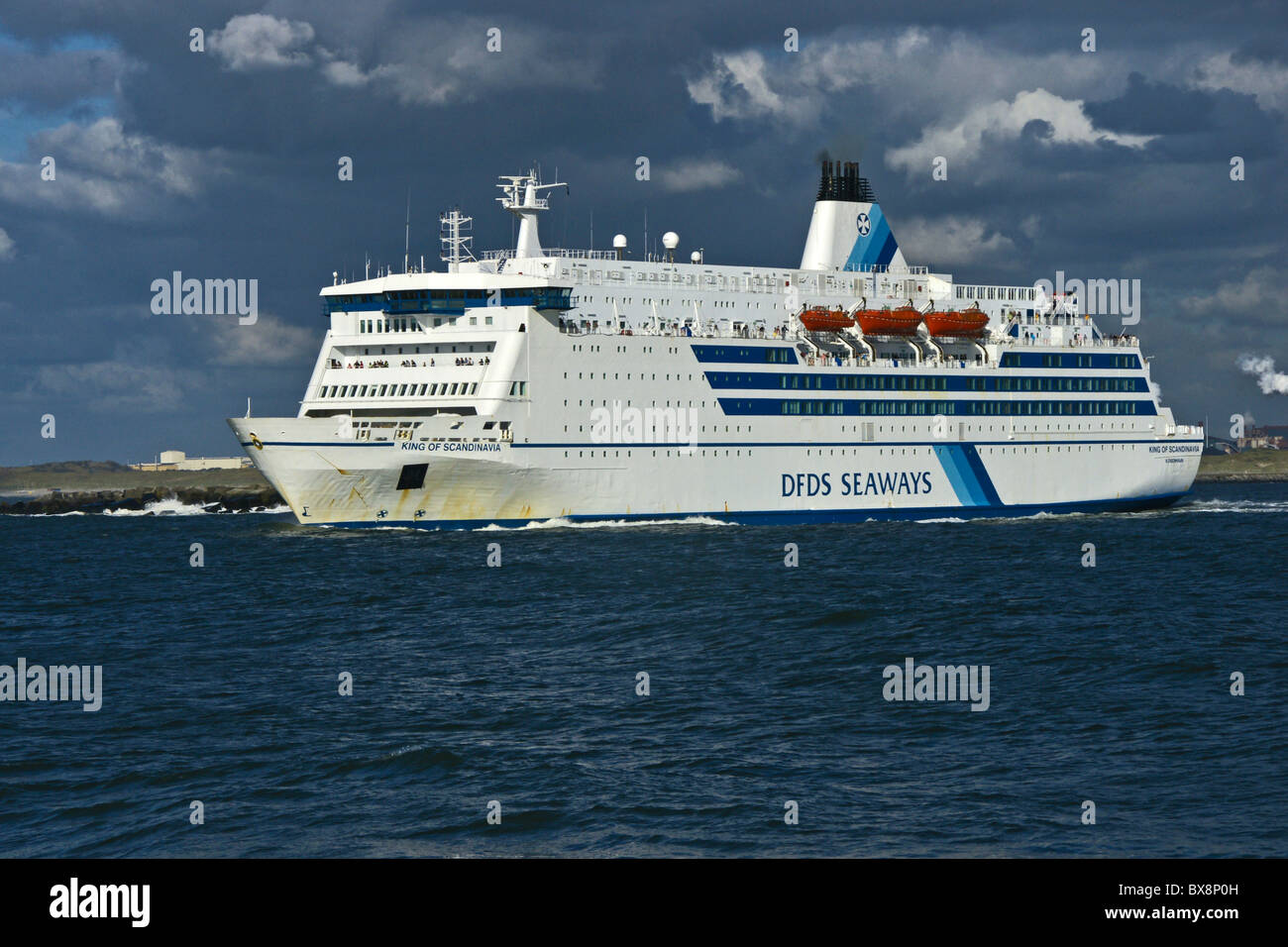 DFDS car and passenger ferry King of Scandinavia leaving Dutch port Ijmuiden near Amsterdam for North Shields near Newcastle Stock Photo