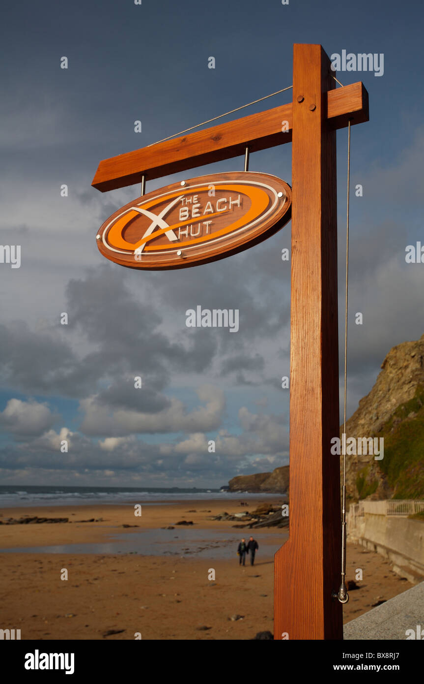Sign for The Beach Hut cafe/restaurant at Watergate Bay, Newquay, north Cornwall Stock Photo