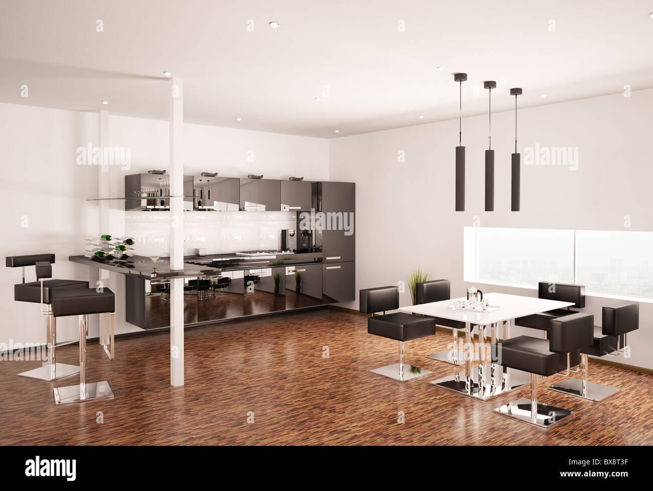 Interior of modern black kitchen 3d render Stock Photo - Alamy