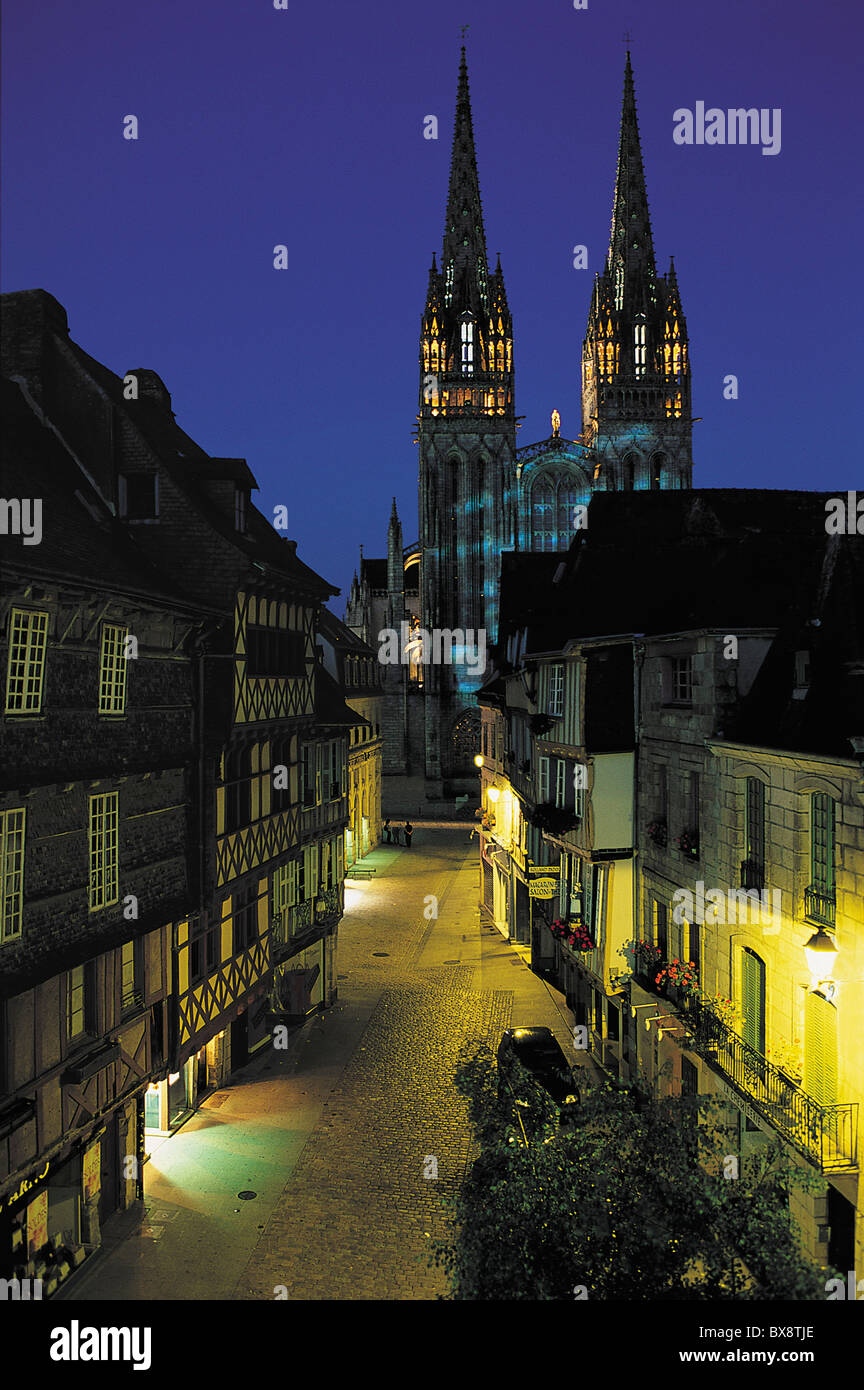 France, Brittany, Finistere, Quimper, Kereon street and St Corentin cathedral Stock Photo