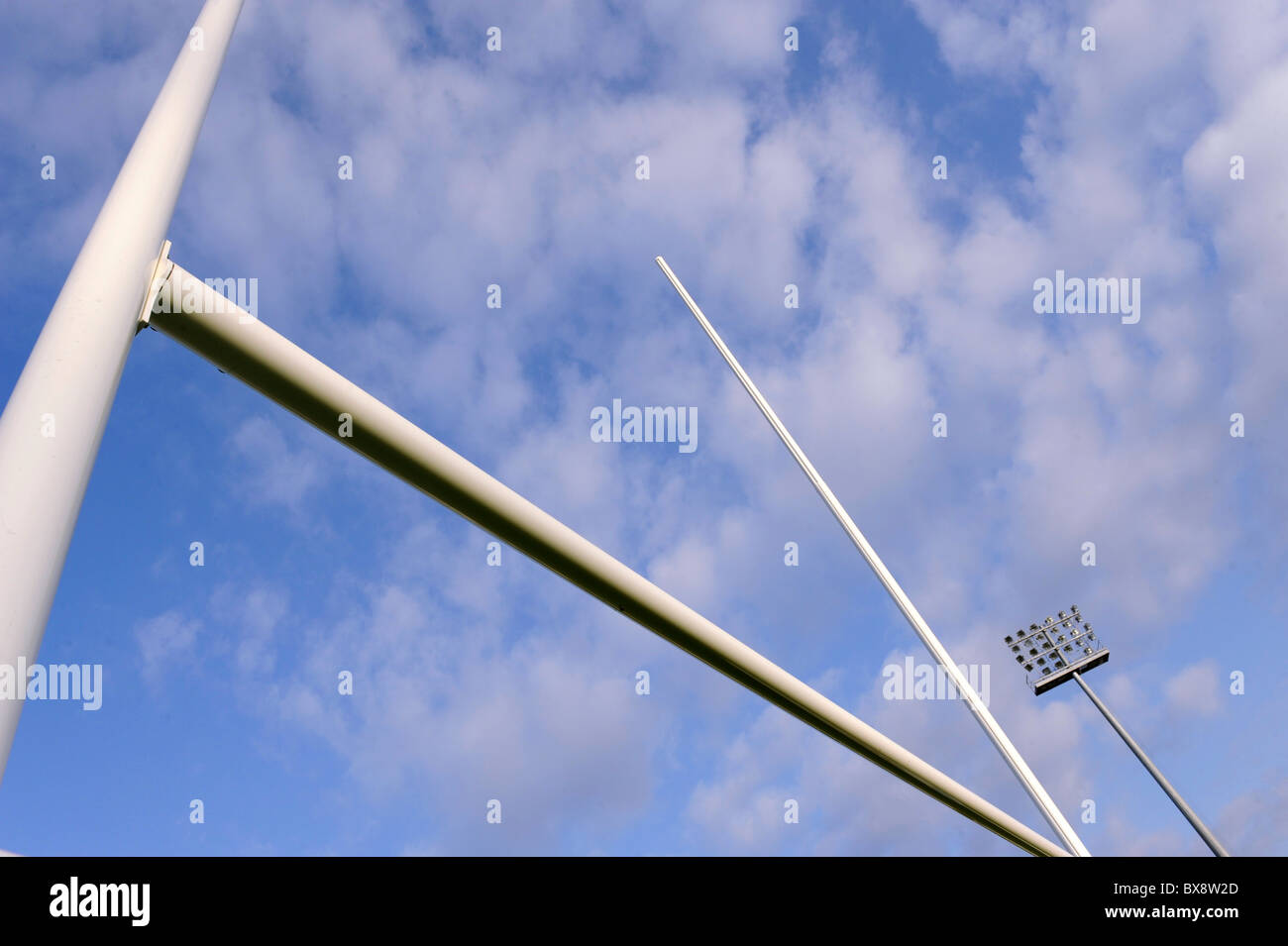 Rugby goalpost on blue sky Stock Photo
