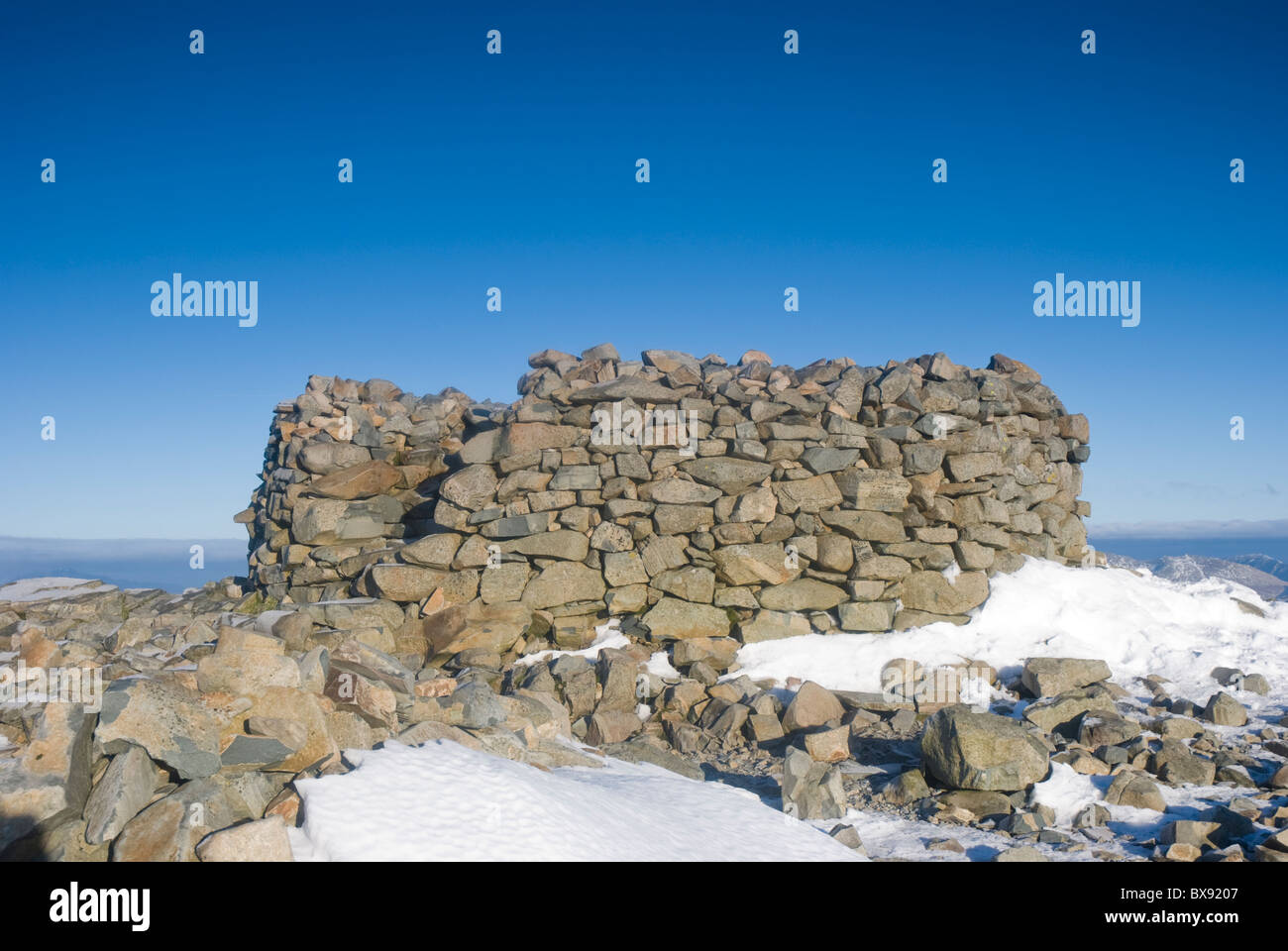 The summit cairn on Scafell Pike, highest mountain in England Stock Photo