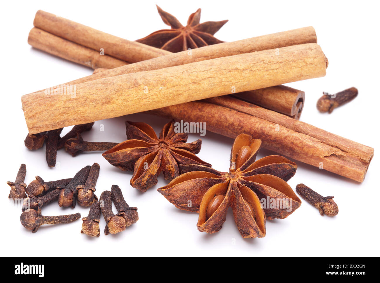 Cloves, anise and cinnamon isolated on white background. Stock Photo
