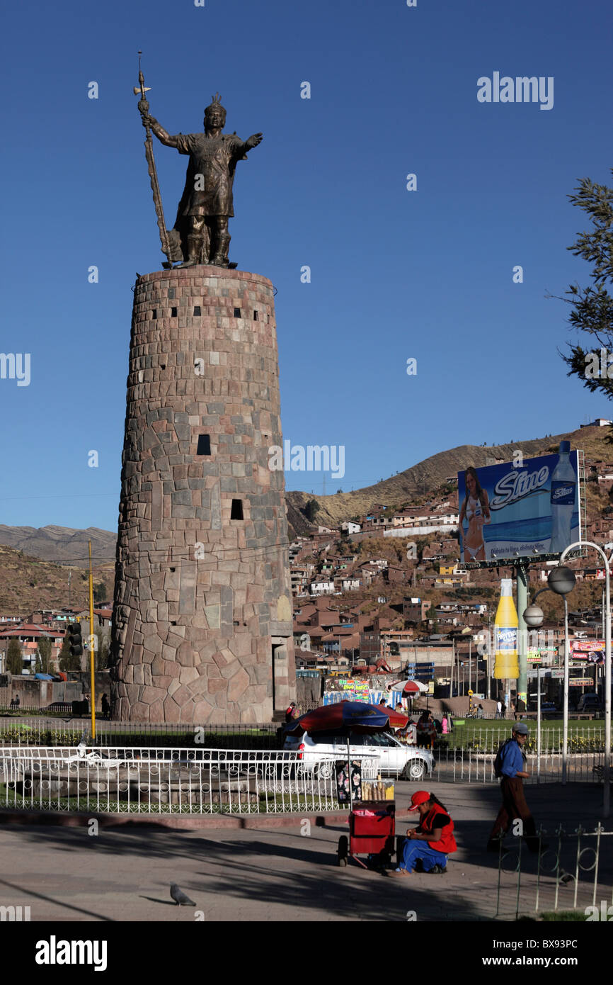 Monument to the Inca Pachacuti Inca Yupanqui or Pachacutec , Cusco , Peru Stock Photo