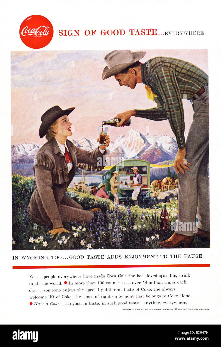 Classic Coca Cola colour advert featuring illustration of Wyoming in American magazine circa 1958 Stock Photo