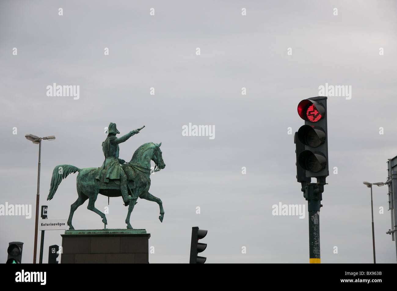 A bronze statue of King Karl XIV Johan of Sweden on the Slussplan located on Gamla Stan island in Stockholm Stock Photo