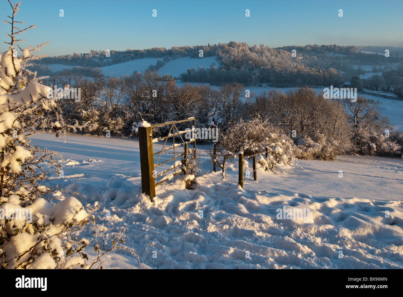 snow on hillside Warlingham looking over at Woldingham, Surrey, England