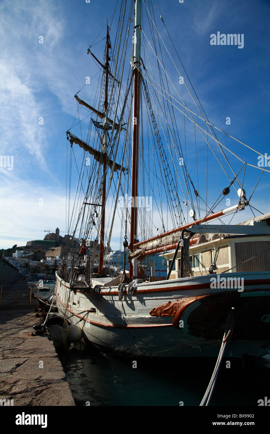 Schooner (Tall Ship) moored at the harbor of Ibiza, Spain Stock Photo