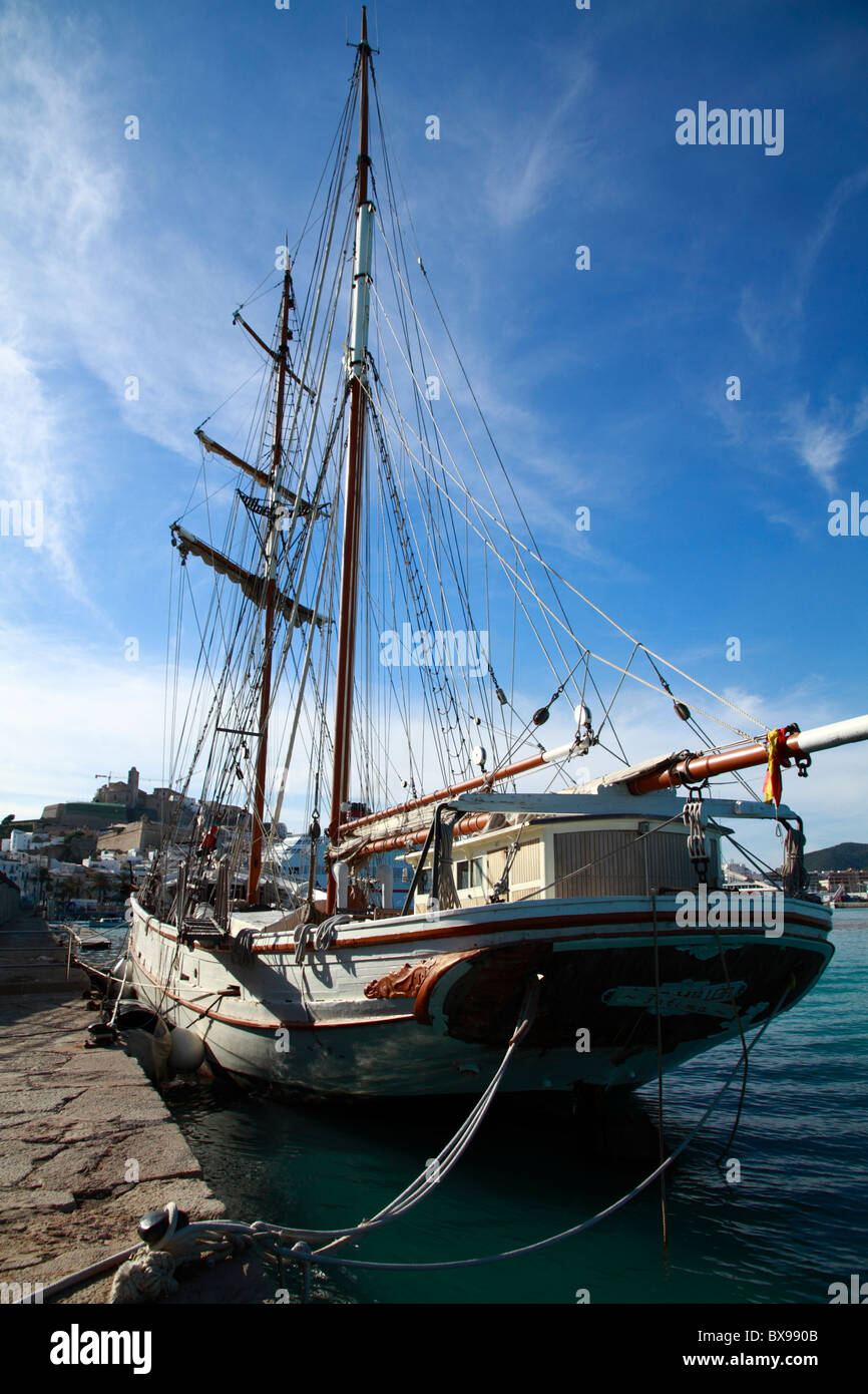 Schooner (Tall Ship) moored at the harbor of Ibiza, Spain Stock Photo