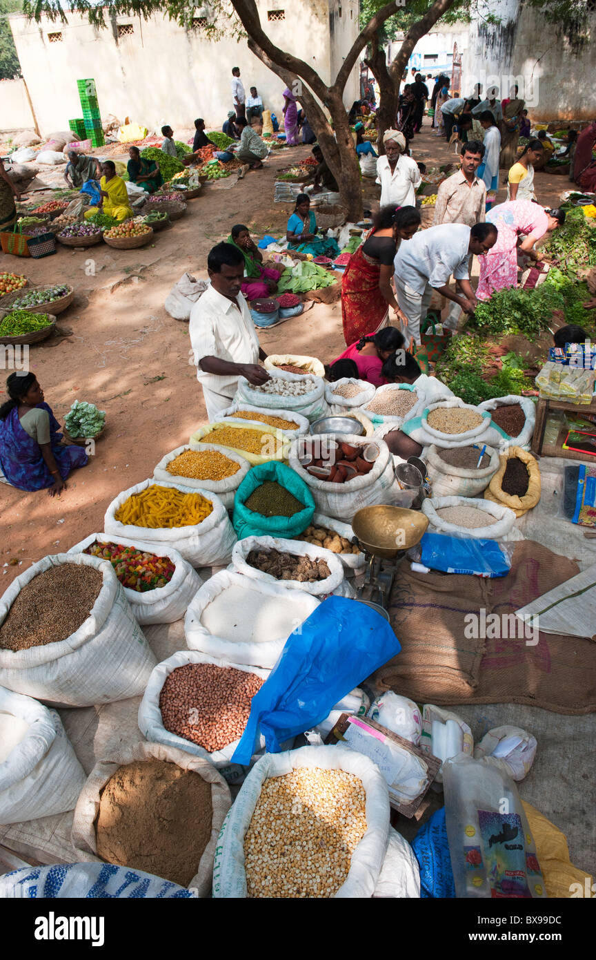 indian market stall with sacks of indian spices and dried produce Stock Photo