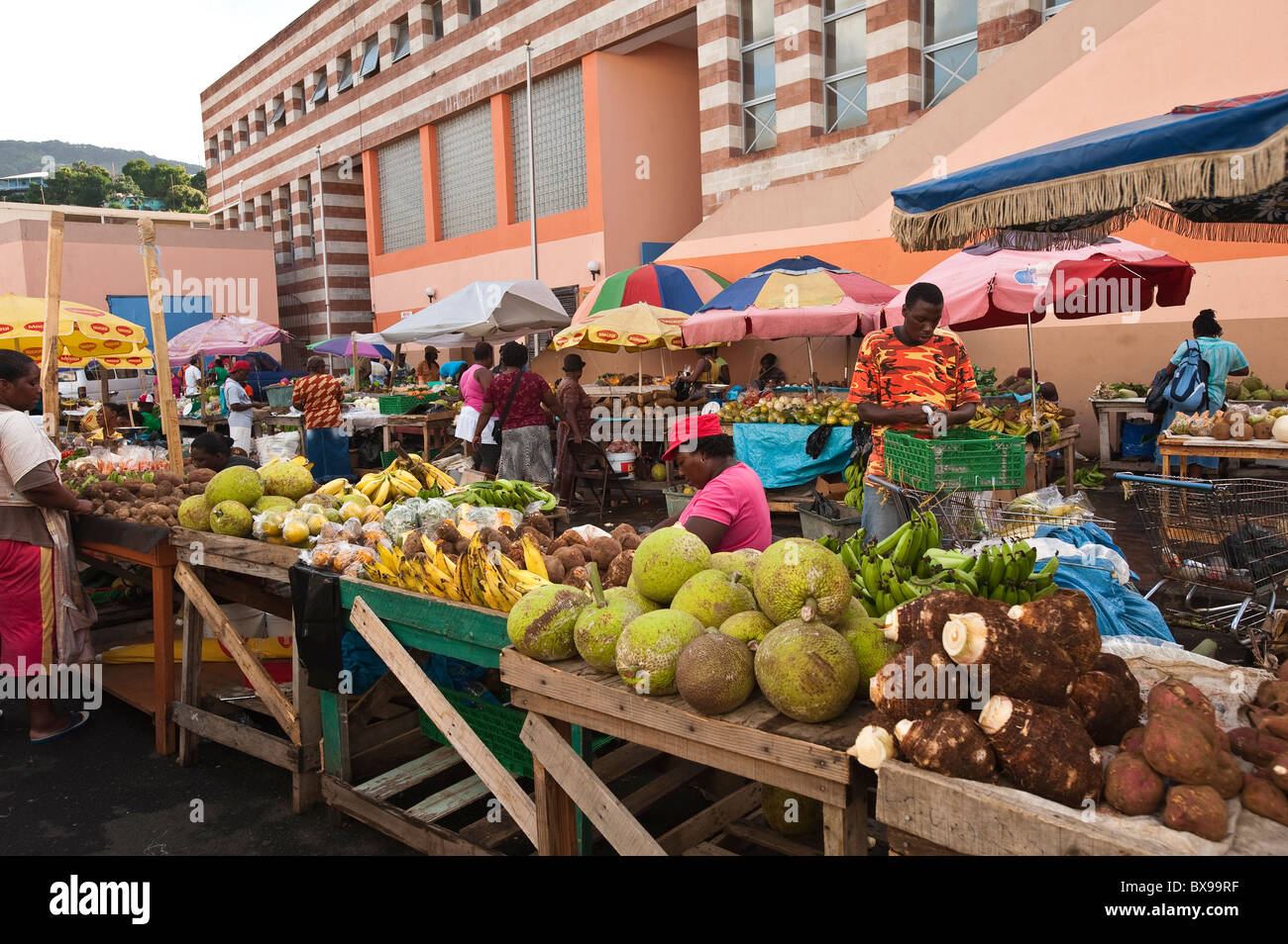 Fruit and vegetables produce at the Kingstown market, St. Vincent & The Grenadines. Stock Photo
