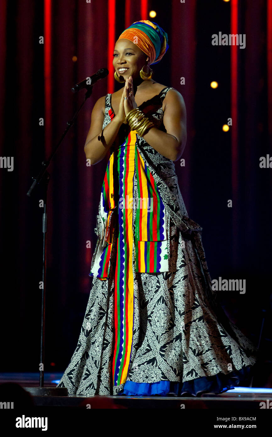 India Arie performed at the 2010 Nobel Peace Prize Concert, a show honoring Liu Xiaobo held at the Spektrum Arena in downtown Oslo on December 11, 2010. Liu Xiaobo won the 2010 Nobel Peace Prize for his work championing democracy and freedom of expression in his homeland, China. India Arie was just one of many international performers at the concert. Others included Herbie Hancock, Florence and the Machine, Jamiroquai, Robyn, A.R. Rahman, and Barry Manilow. (Photo by Scott London) Stock Photo