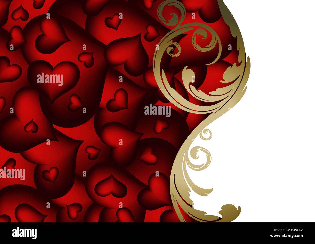 Valentines background with red hearts and golden floral wave Stock ...