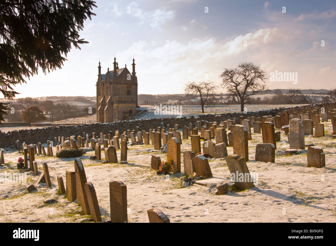 A winter graveyard in the Cotswold village of Chipping Campden. England. Stock Photo