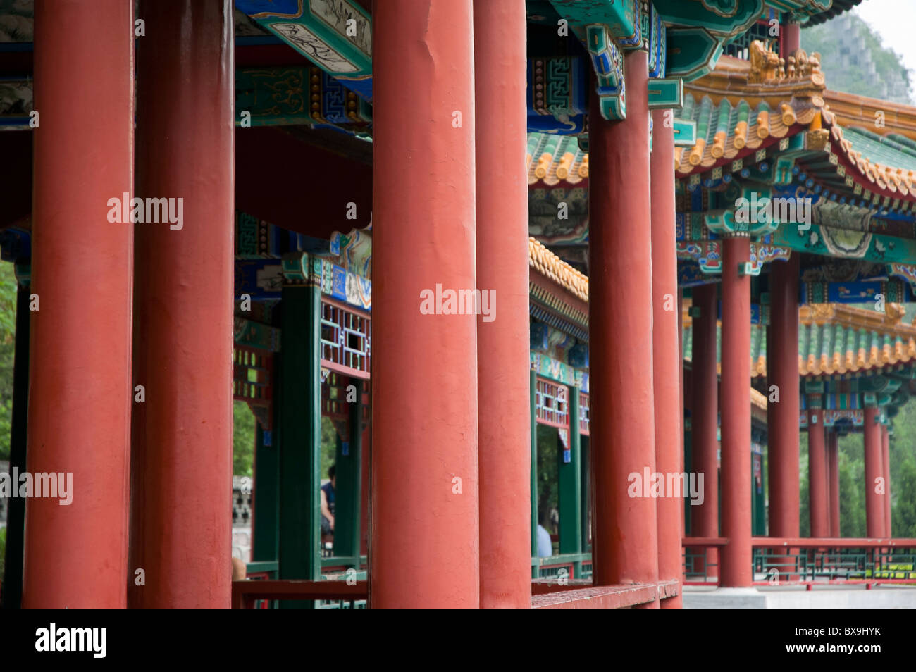 Ornate and decorative columns and pavilions on the Great Wall, Juyongguan Gate near Badaling, China. Stock Photo