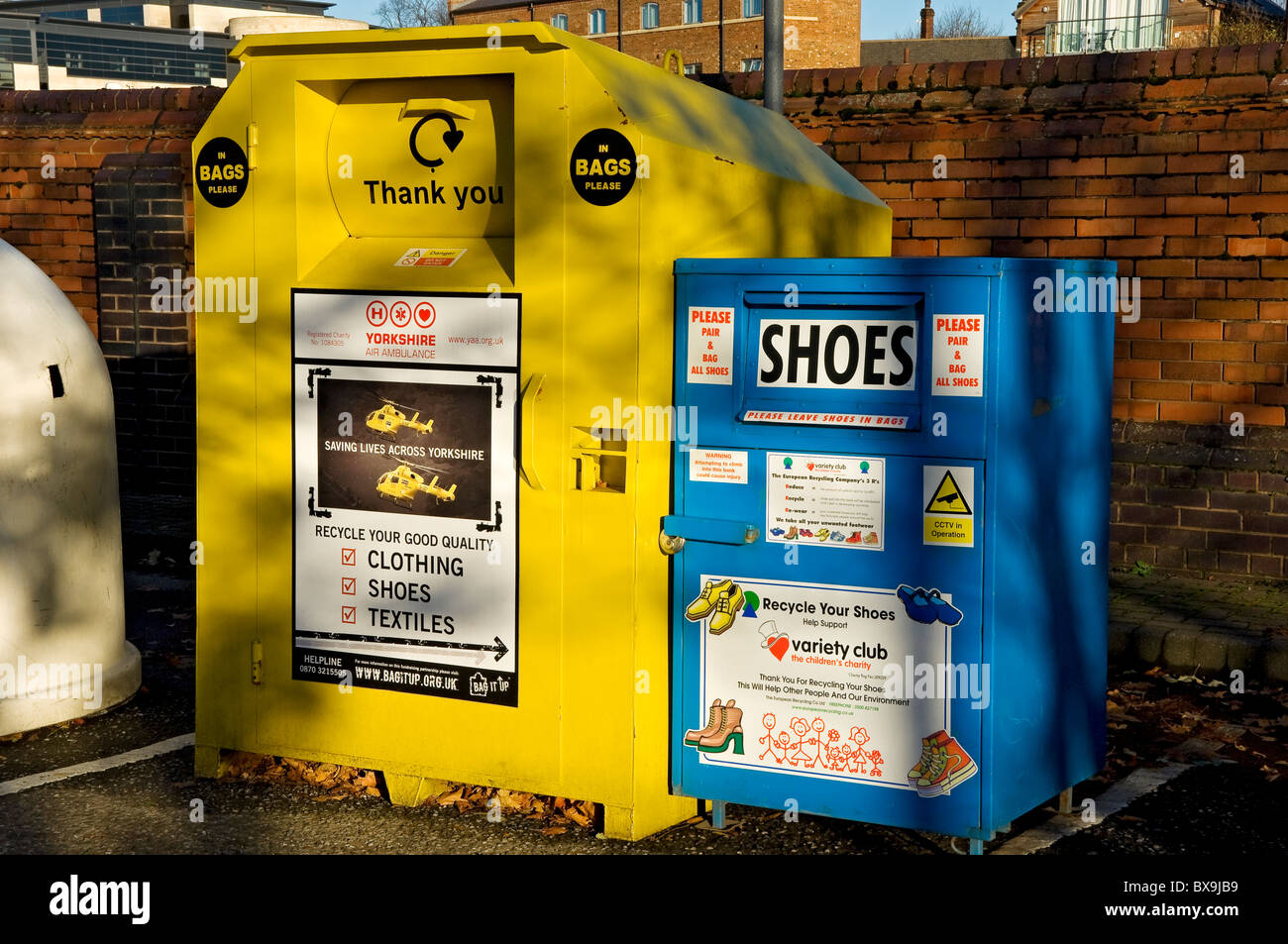 Recycling bins bin for clothes clothing and shoes York North Yorkshire England UK United Kingdom