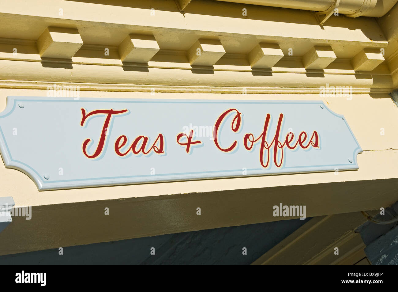 Close up of generic teas and coffees sign outside cafe North Yorkshire