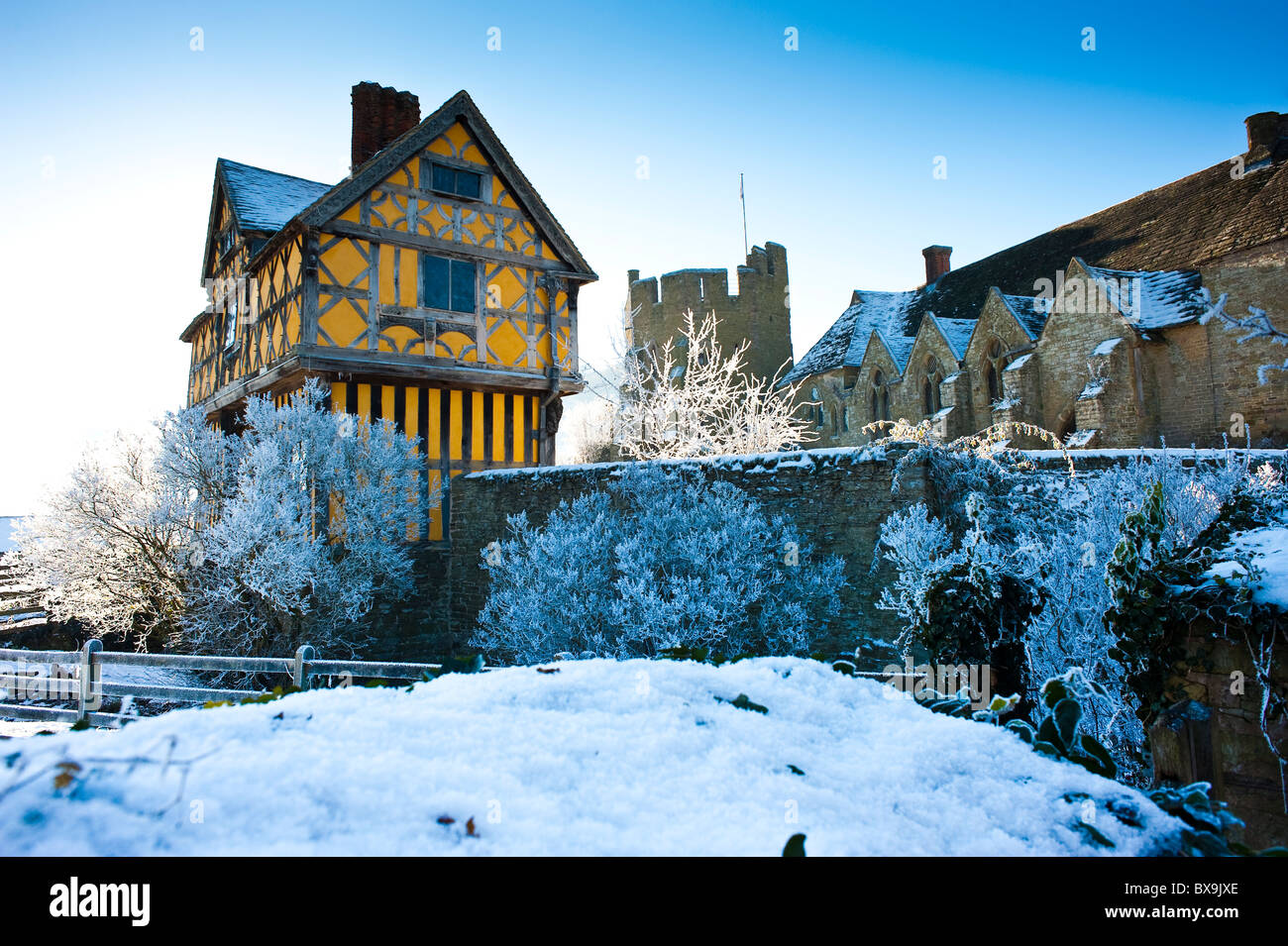 Medieval Stokesay Castle in winter snow and frost, Shropshire, UK Stock Photo