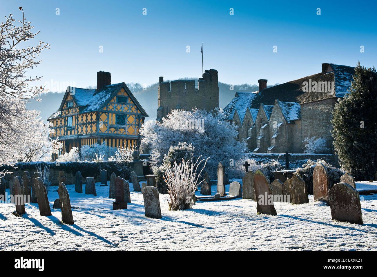 Medieval Stokesay Castle in winter snow and frost, Shropshire, UK Stock Photo
