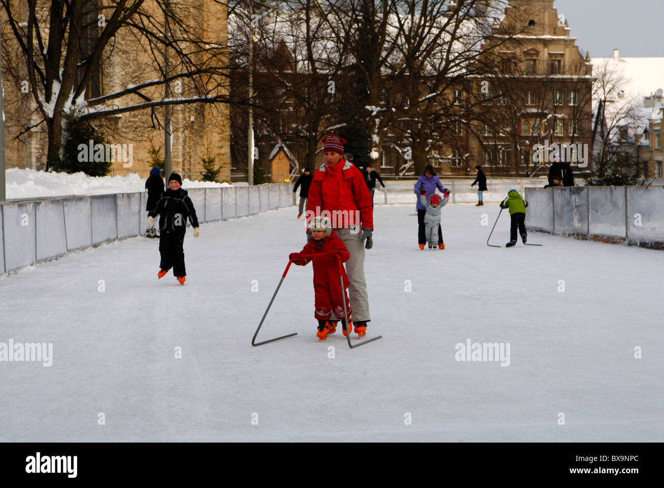 Ice skating in Tallin old town. Christmas in Tallin Estonia Stock Photo