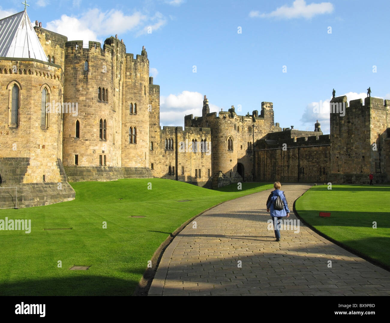 Alnwick Castle seen from inside the curtain wall, Alnwick, Northumberland, England, UK. Stock Photo