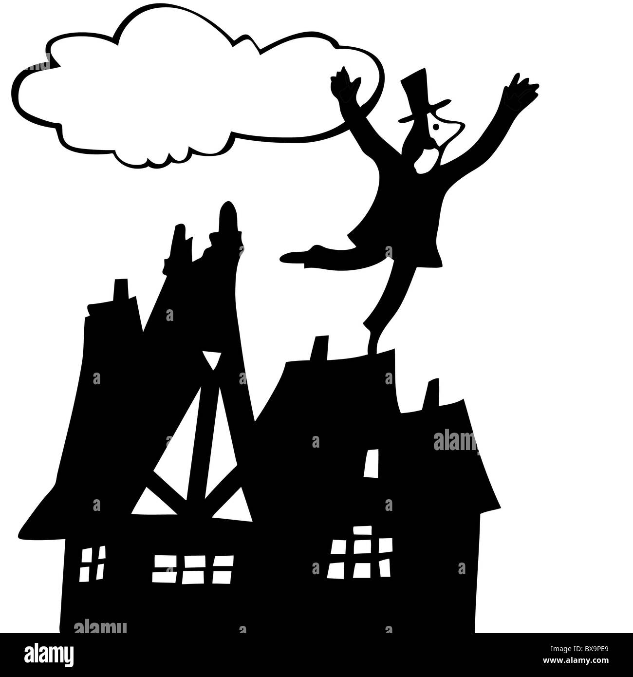 vector illustration of the chimney sweep on roof Stock Photo