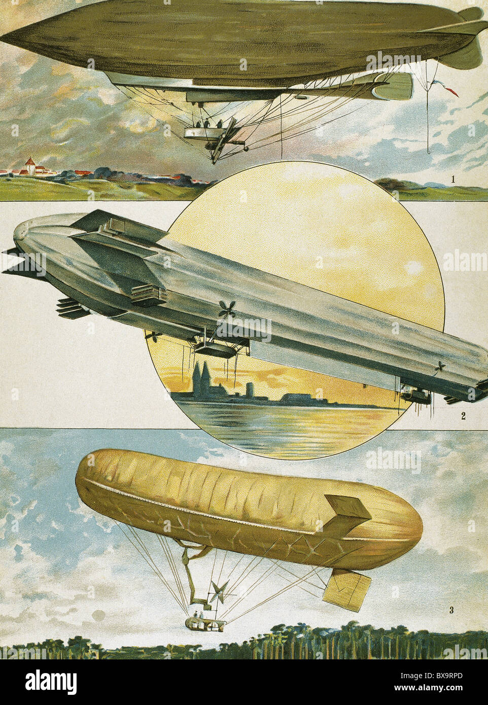 Airships. Drawing of the twentieth century. Stock Photo