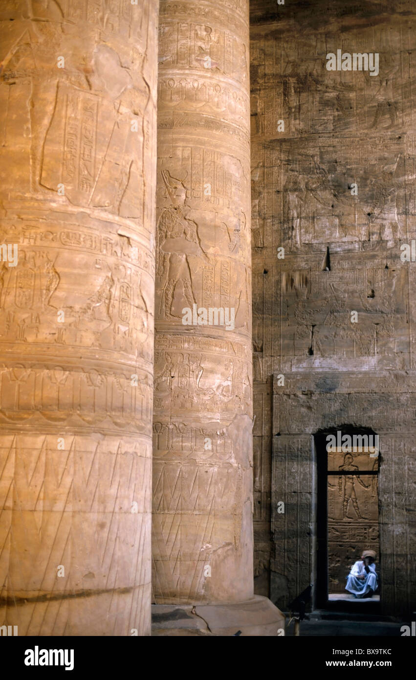 Columns with hieroglyphs depicted Horus at the Temple of Edfu, Edfu, Egypt. Stock Photo