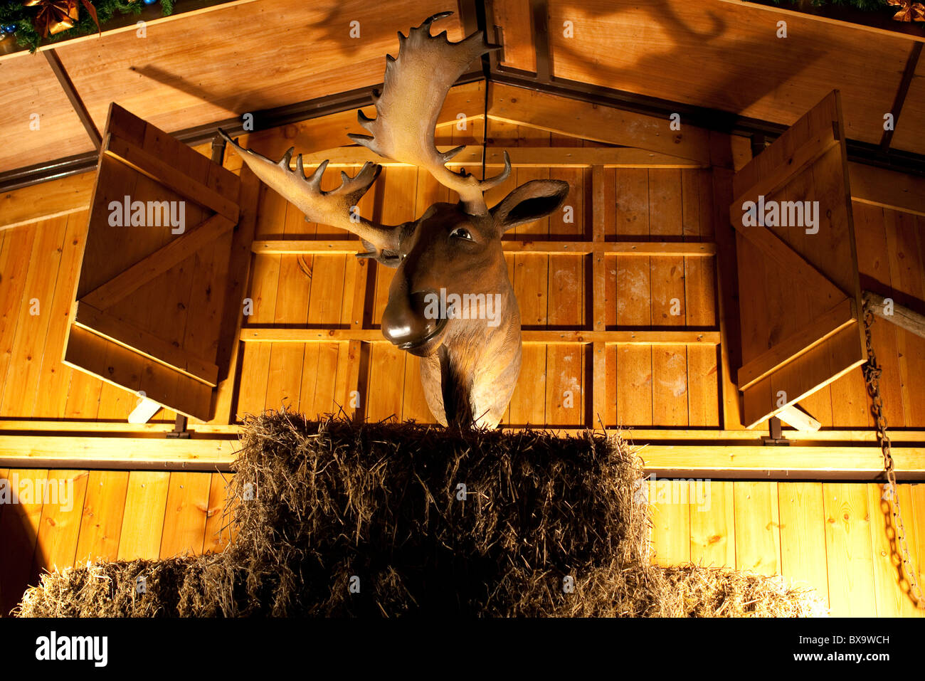 Moose head on bar at German Christmas market in London Stock Photo