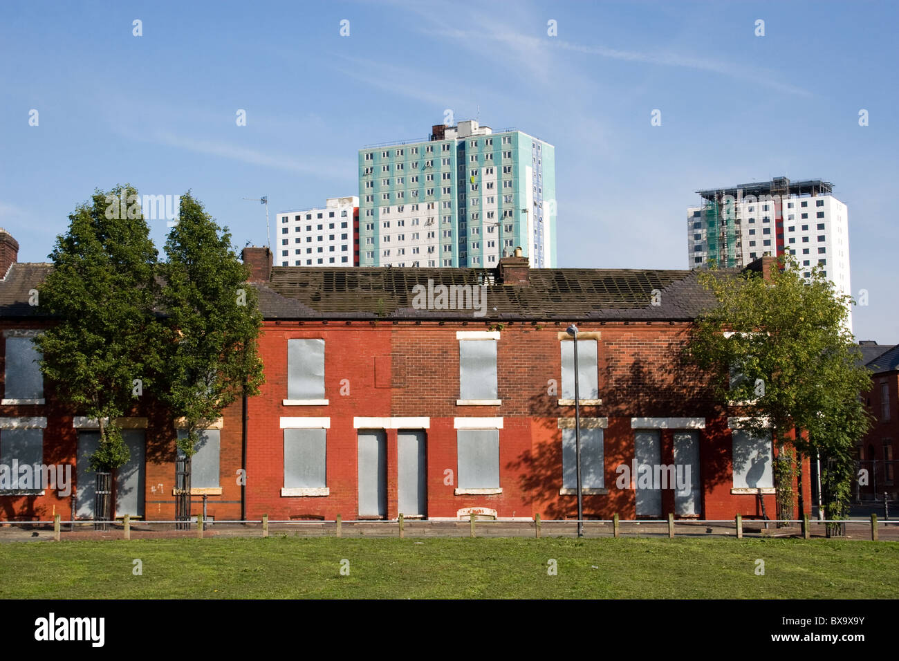 Boarded up terraced  houses, Langworthy area of Salford, Greater Manchester, UK Stock Photo