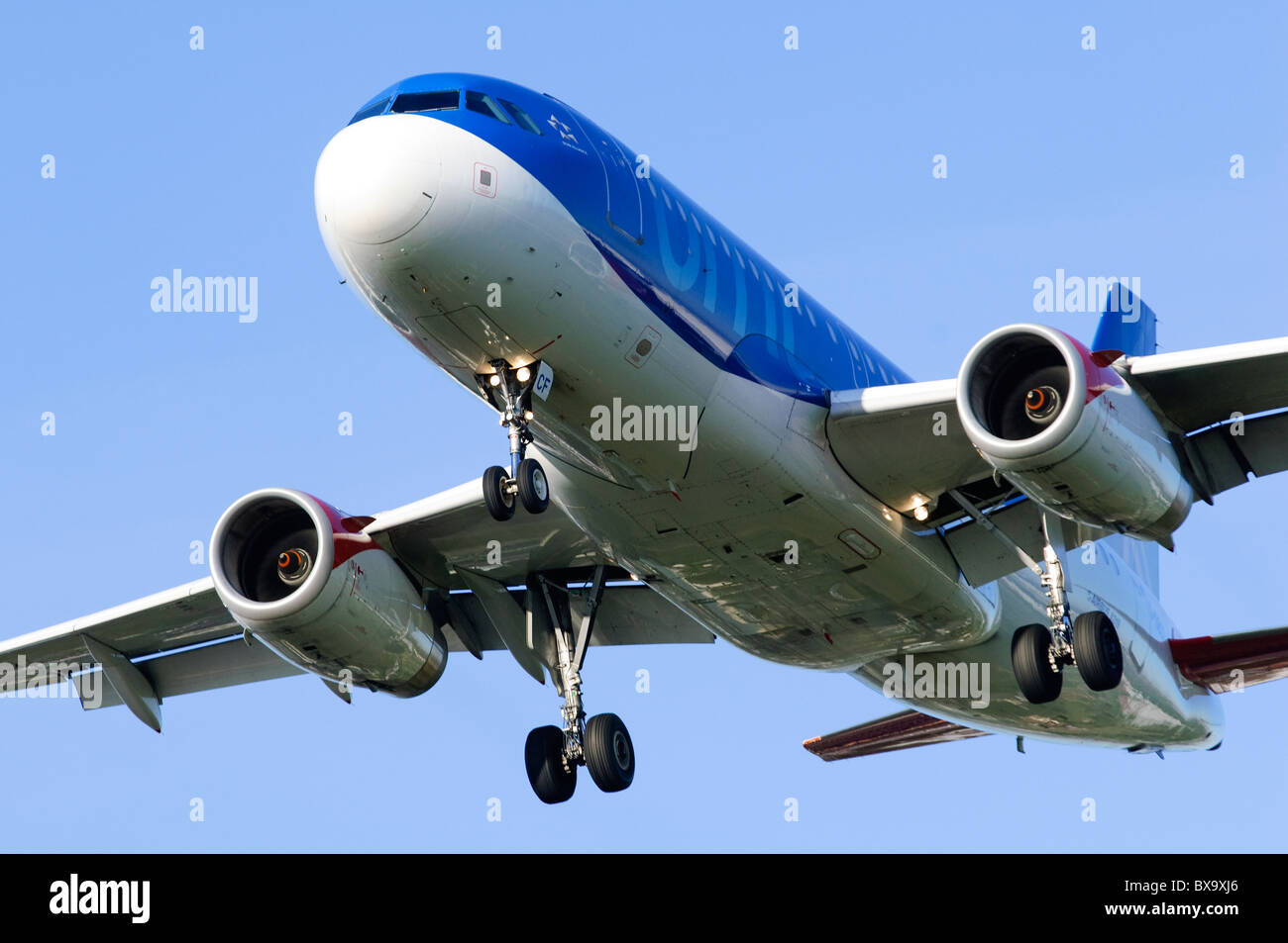 Airbus A319 operated by BMI on final approach for landing at London Heathrow Airport Stock Photo