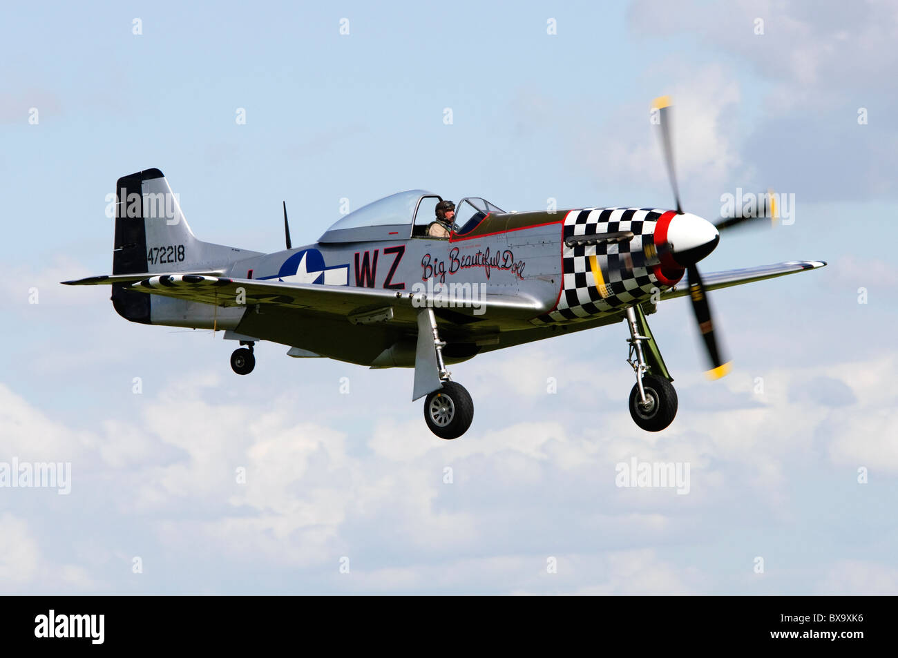 North American P-51D Mustang Big Beautiful Doll on final approach for landing at Duxford Flying Legends Airshow Stock Photo