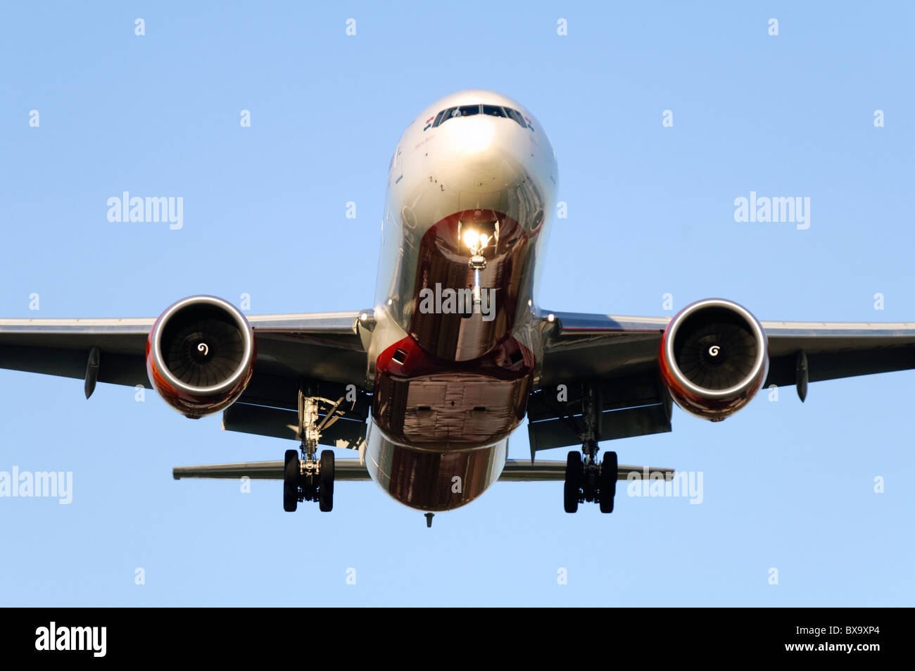 Boeing 777 operated by Air India on final approach for landing at London Heathrow Airport Stock Photo