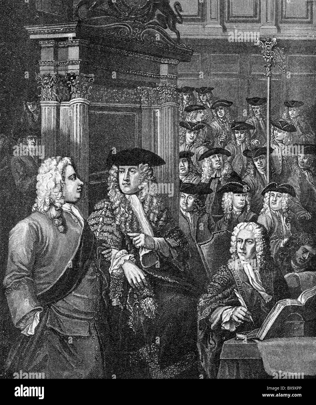 The House of Commons in Walpole's Adminsitration; Engraving after Hogarth and Thornhill; Black and White Illustration; Stock Photo