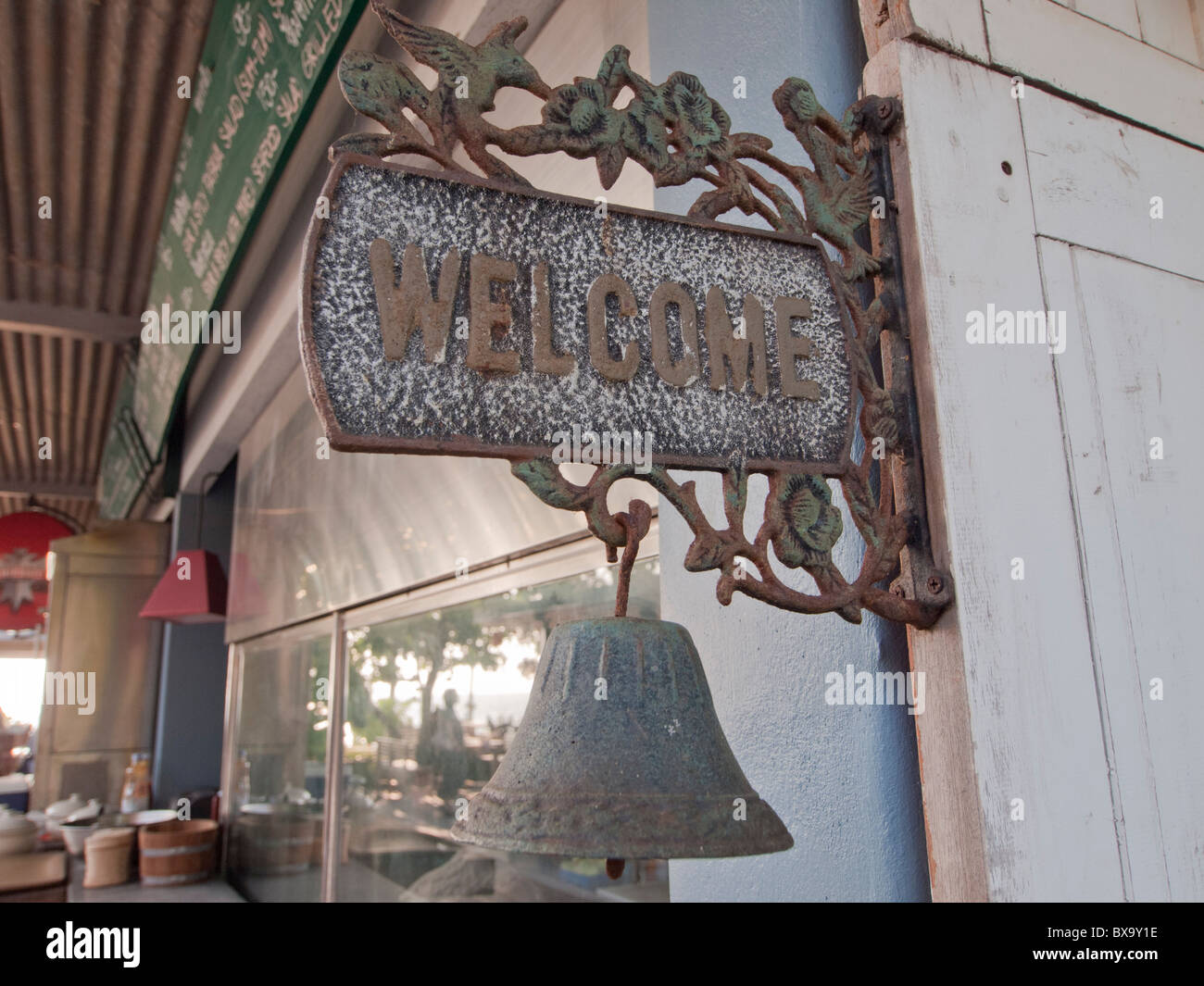 The vintage welcome sign with bell Stock Photo