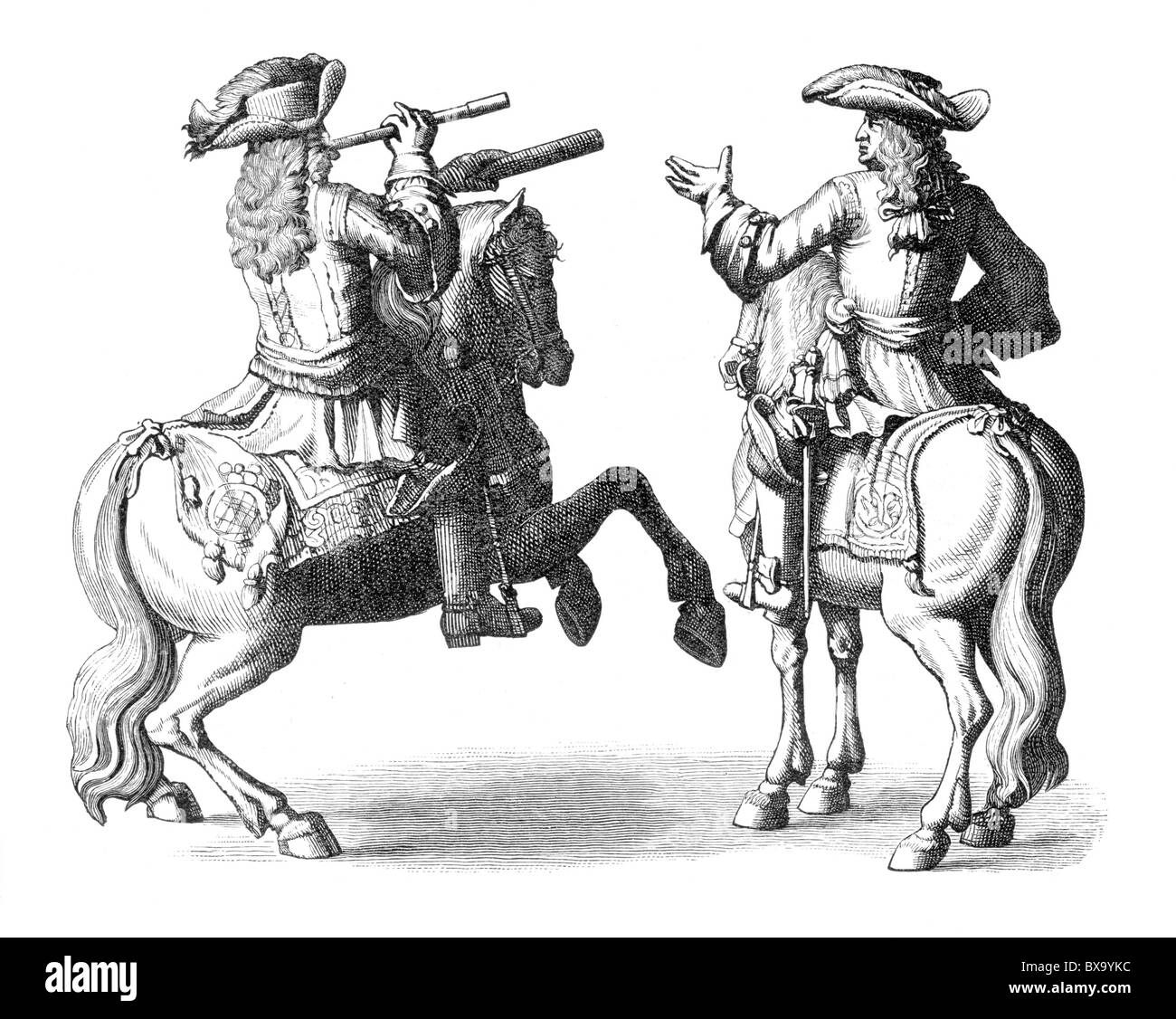 Prince Eugene of Savoy and the Duke of Marlborough reconnoitring before the Battle of Blenheim; Black and White Illustration; Stock Photo