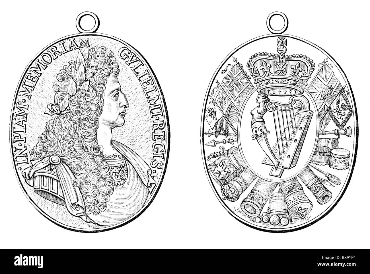 Gold medal issued as a memorial to King William III of England; Black and White Illustration; Stock Photo