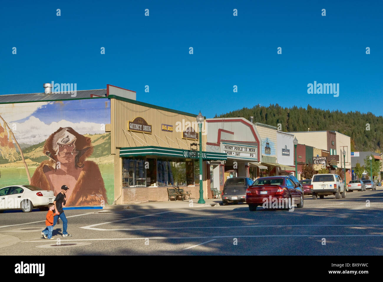 Kids crossing Main Street in Quincy in northern Sierra, California, USA