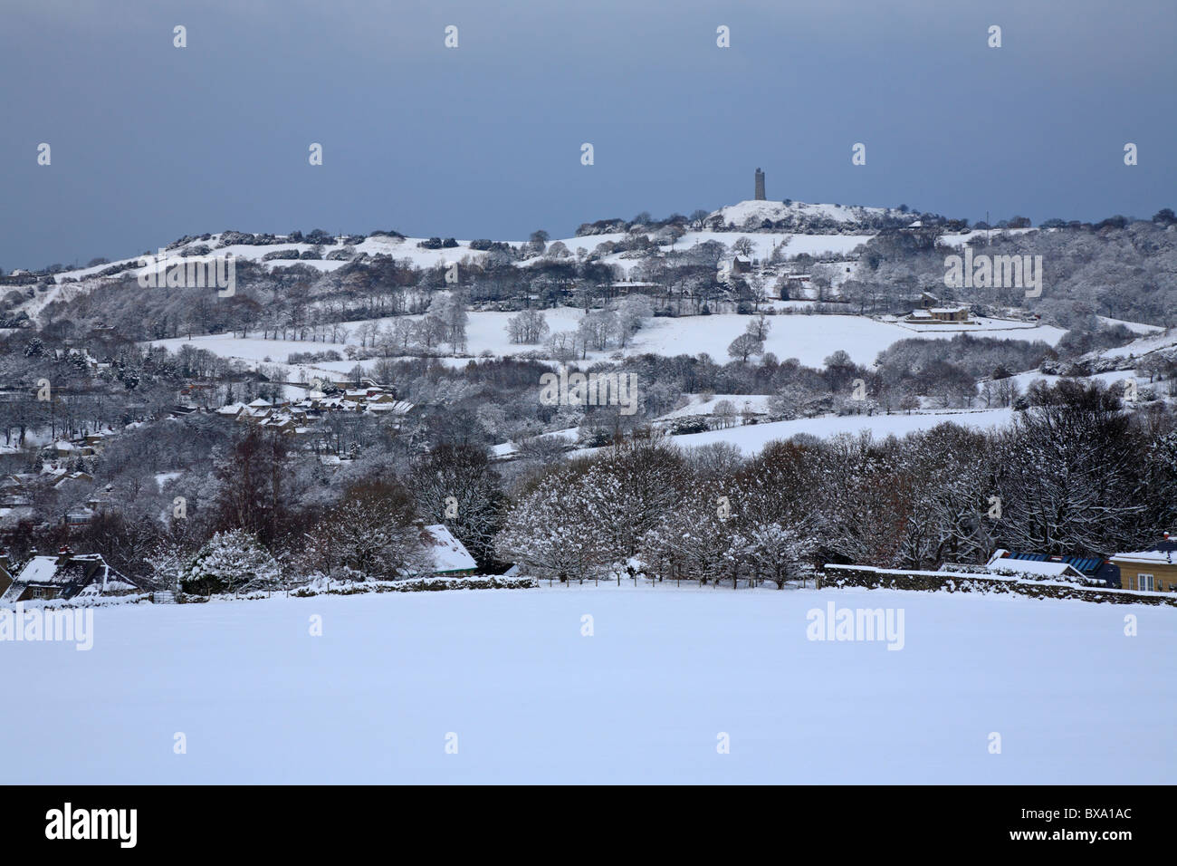 Winter Honley and Jubilee Tower Castle Hill Huddersfield West Yorkshire England UK Stock Photo