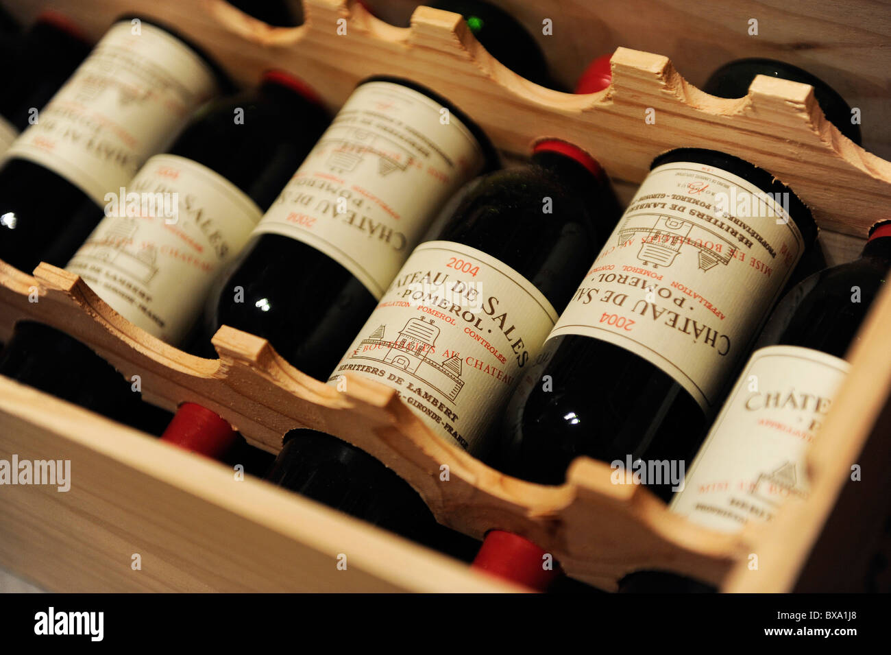 A crate of French wine bottles of Bordeaux Stock Photo