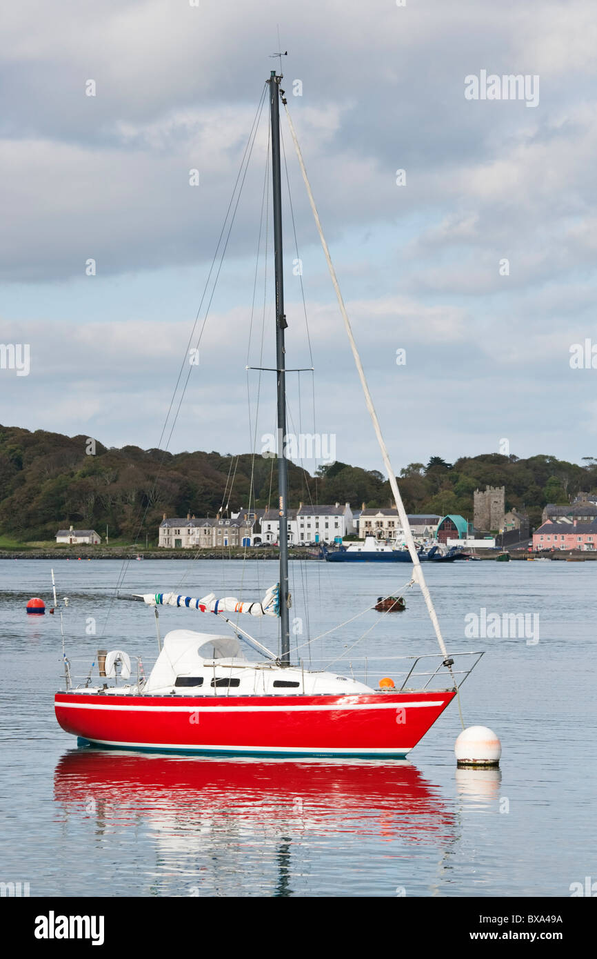 Boat tethered in Strangford Lough in the village of Strangford, County Down, Northern Ireland Stock Photo