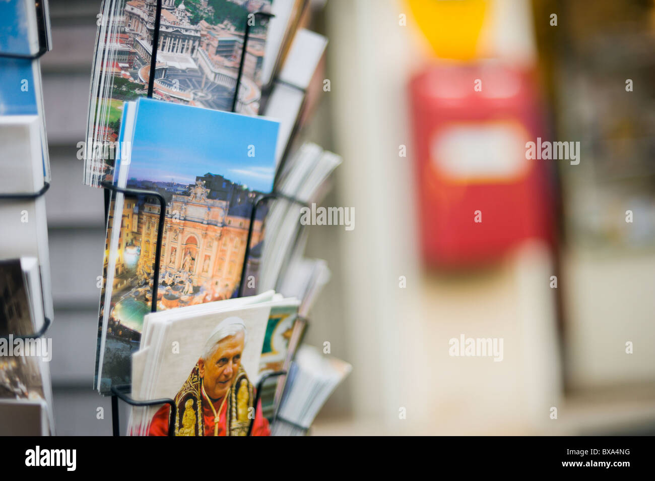 Rome, piazza Navona, postcards and post box with shallow DOF. Stock Photo