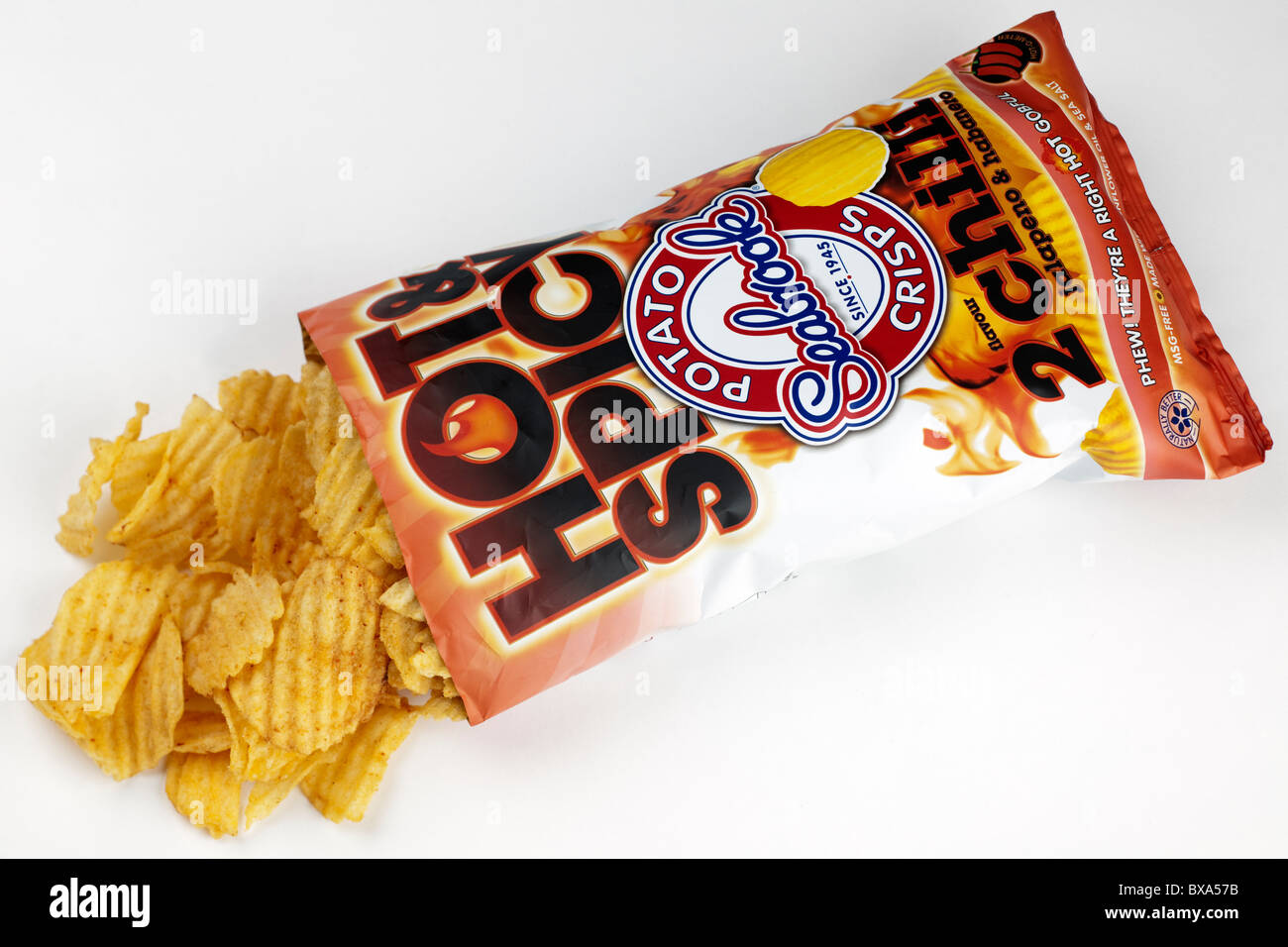 Large bag of Seabrook msg free hot and spicy chilli jalapeno and habanero potato crisps Stock Photo
