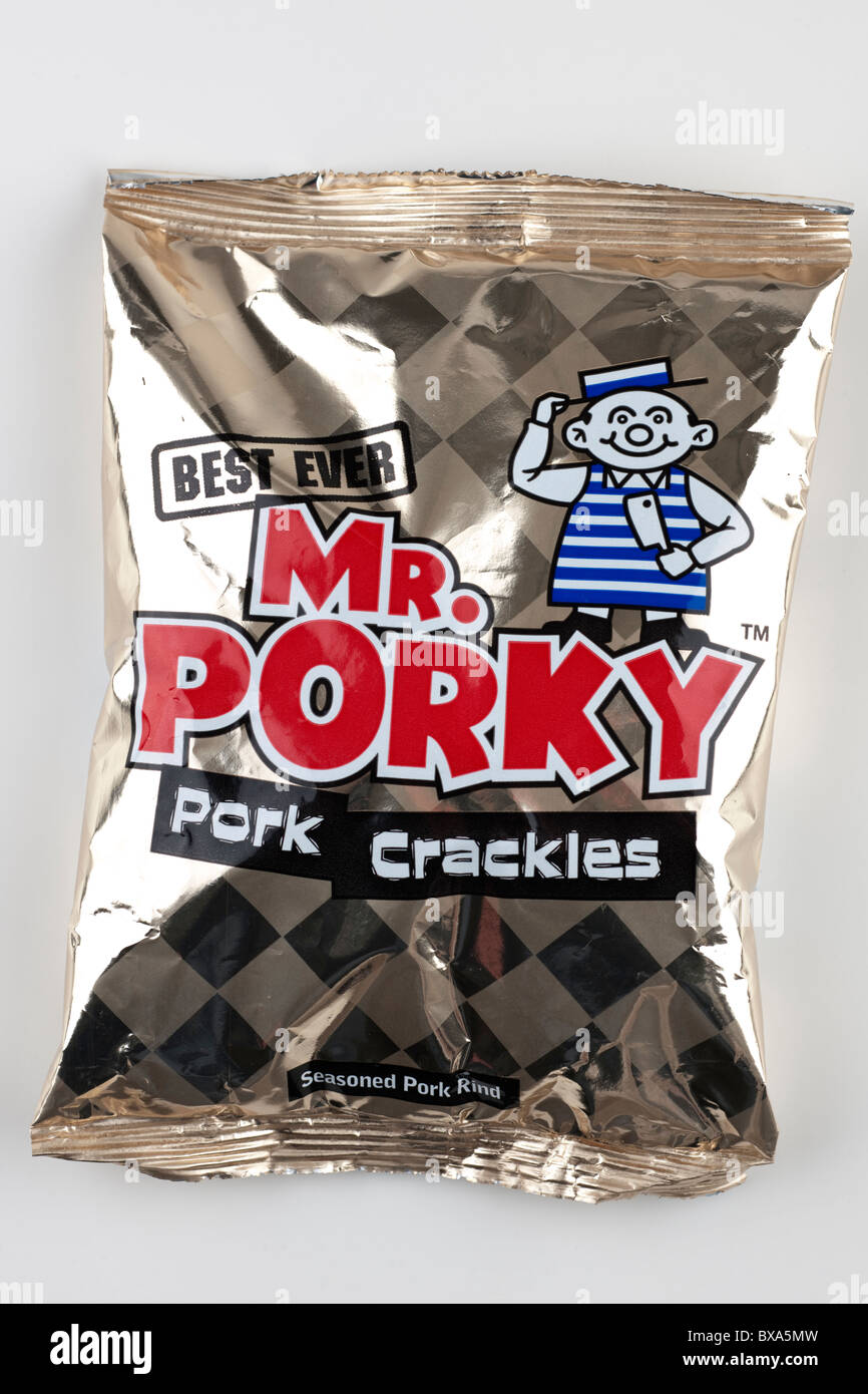 Bag of Mr porky pork crackles seasoned pork rind Stock Photo